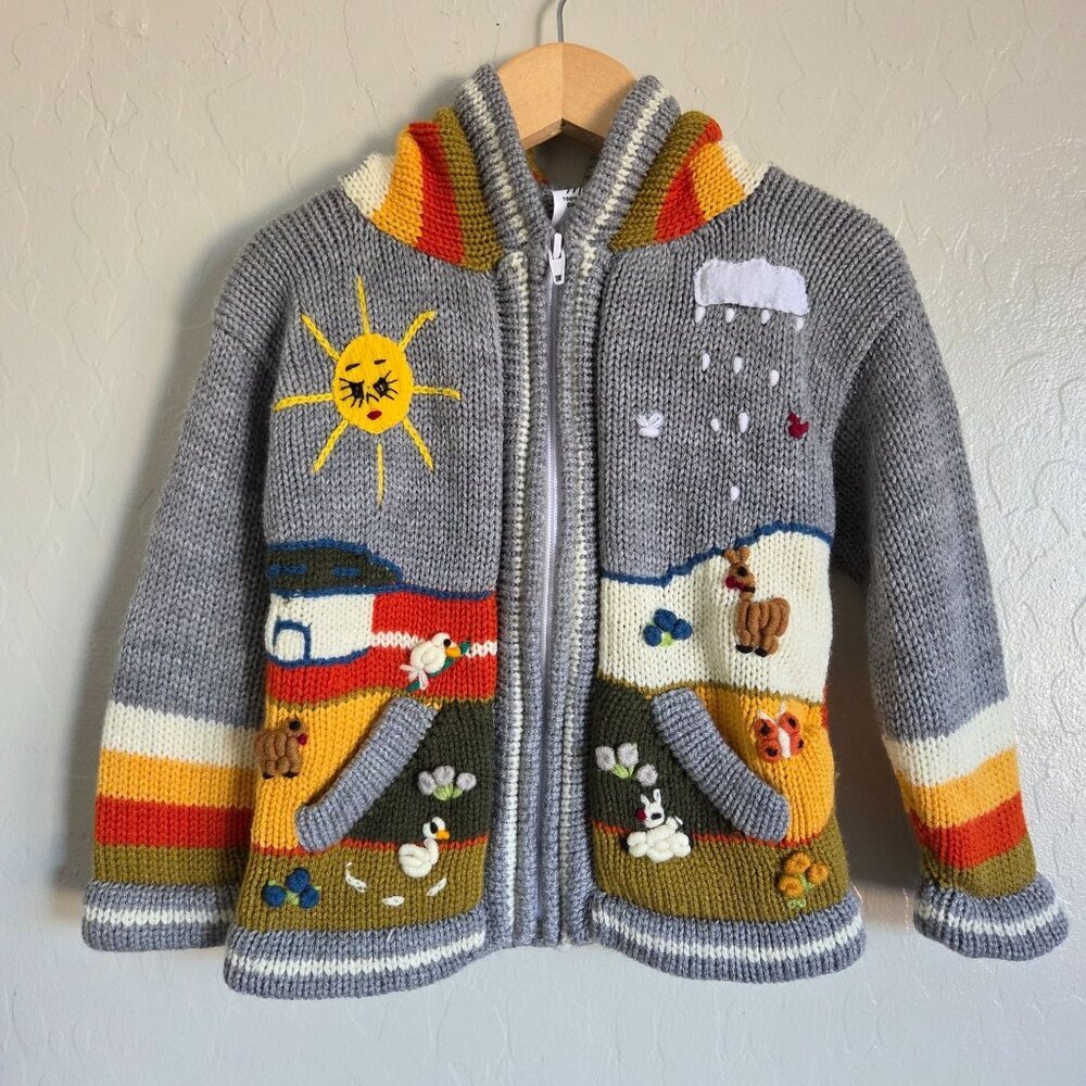 Isabella Mia Wool Knitted Baby Animal Scenery Cardigan Jacket 2T Grey Peruvian